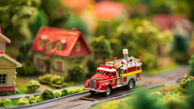 Small red fire truck drives through a green field with a house in the background