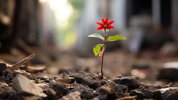 a small red flower is growing out of the ground