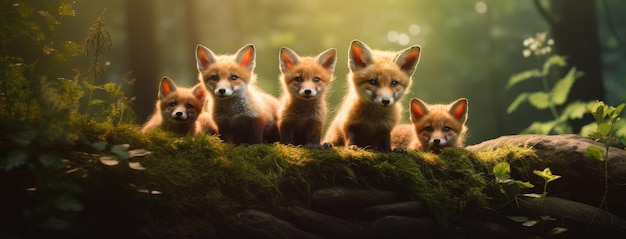 Фото Маленькие детеныши красной лисы исследуют свою естественную среду. их невинное любопытство сияет сквозь них.