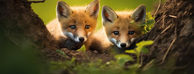 small red fox cubs exploring their natural environment their innocent curiosity shining through