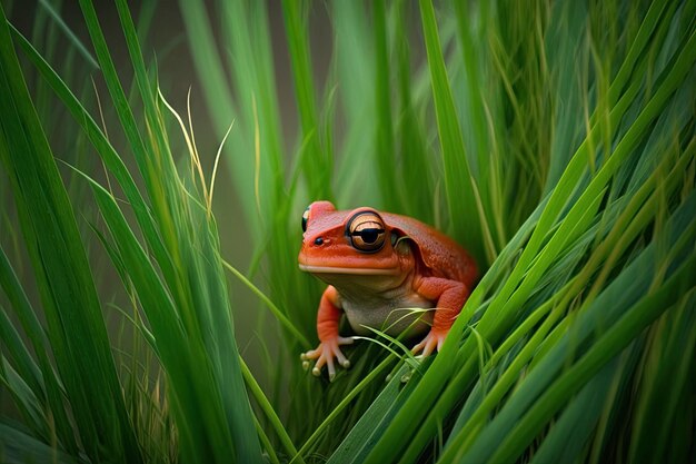 Small red frog in grass among green blades of grass created with generative ai