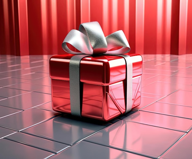 Photo a small red gift box with silver ribbon in the style of realistic and hyperdetailed renderings