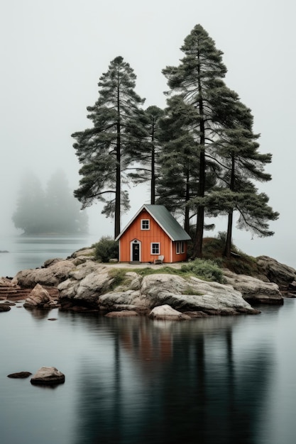 Маленький красный дом, расположенный на вершине небольшого острова.