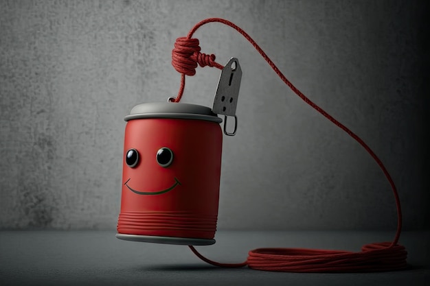 Small red paint can character hangs on rope on gray background