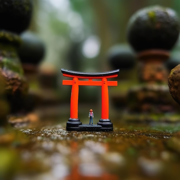 A small red torii gate is in a garden.