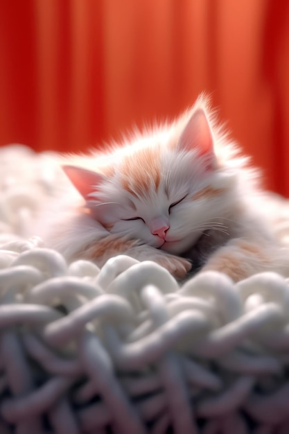 Small red and white kitten on a beautiful cushion on a neutral background