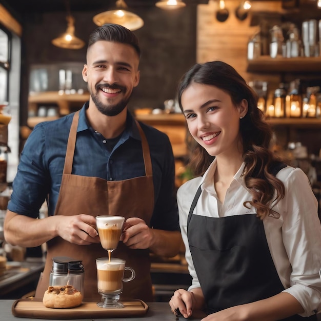 Small retail business owners cafe and restaurant employees concept cheerful friendlylooking barista