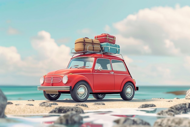 Photo a small retro car packed with luggage for a summer vacation with a backdrop of a scenic sea view and sandy beach