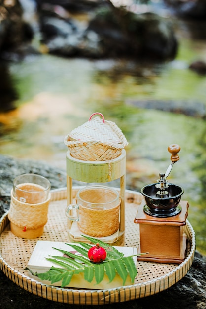 Small retro coffee drip set with natural background