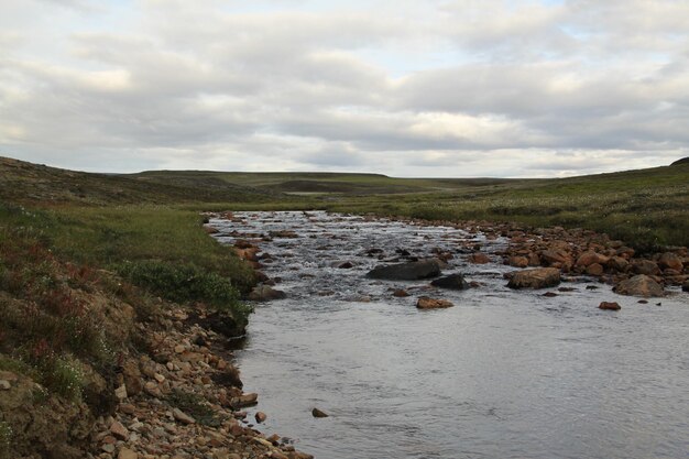 Nunavut의 Pond Inlet 근처 툰드라 풍경을 흐르는 작은 강