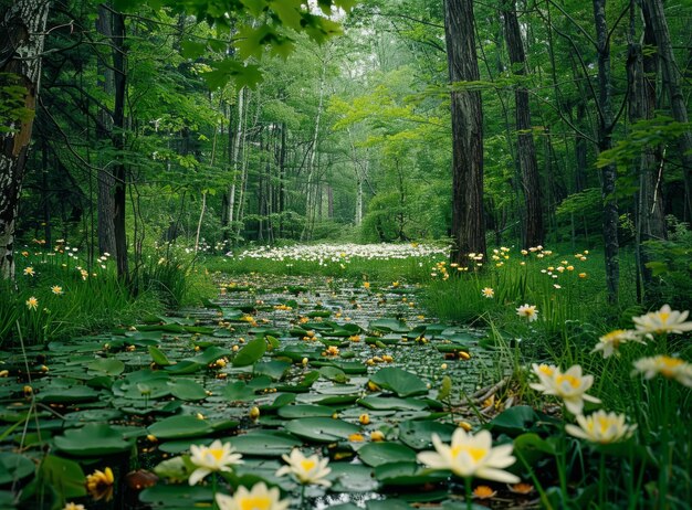 Small river in the middle of a dense forest with white and yellow flowers