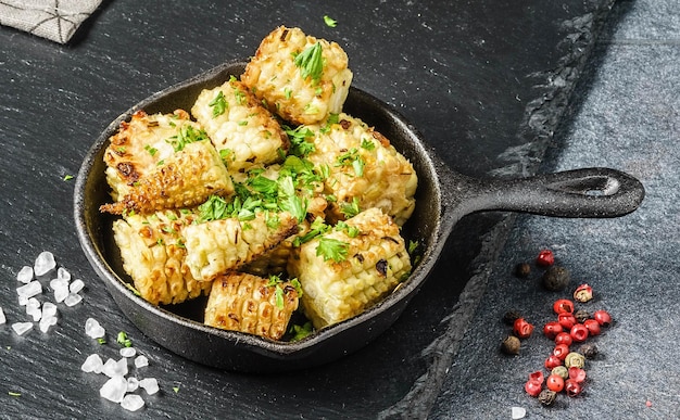 Small roasted corn on the cob on black cutting board