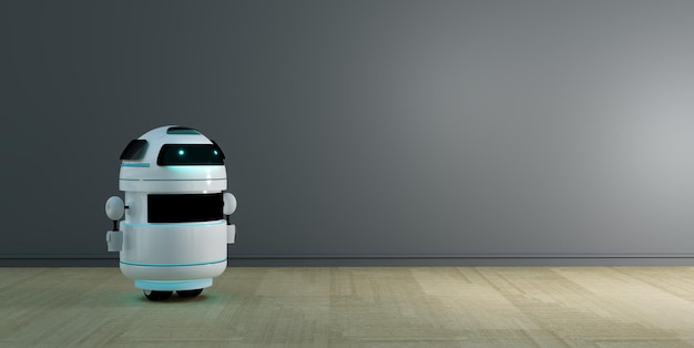 small robot in clearance room, 3d illustration rendering