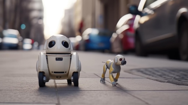 Small robot dog walks along the city street generative ai