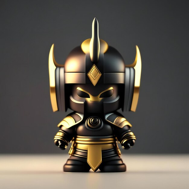 검은 헬멧과 금색과 검은색 마스크를 쓴 작은 로봇.