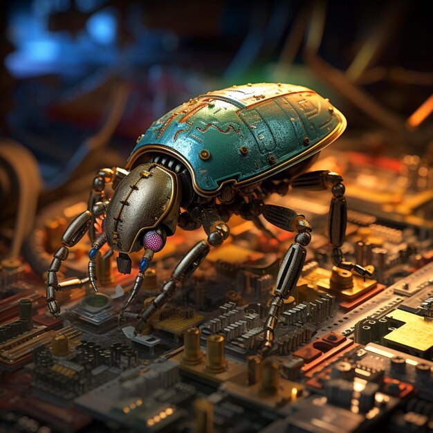 a small robotic beetle welding a computer chip fantasy high