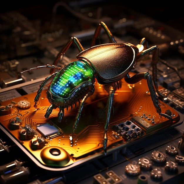 Photo a small robotic beetle welding a computer chip fantasy high