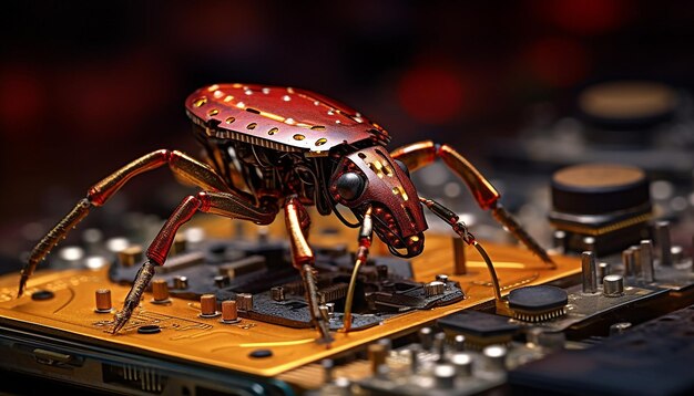 Photo a small robotic beetle welding a computer chip