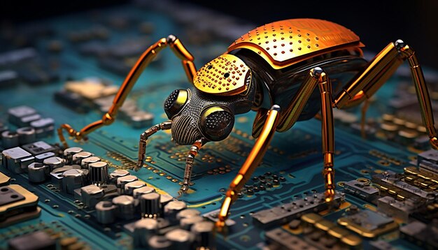 a small robotic beetle welding a computer chip