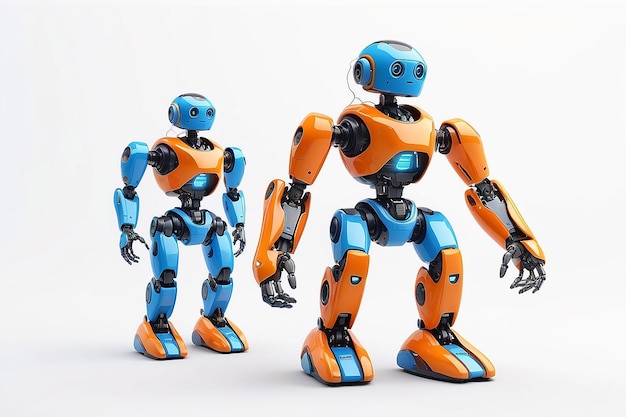 Small robots with human face and body humanoid Artificial Intelligence AI Orange and blue robots isolated on white background