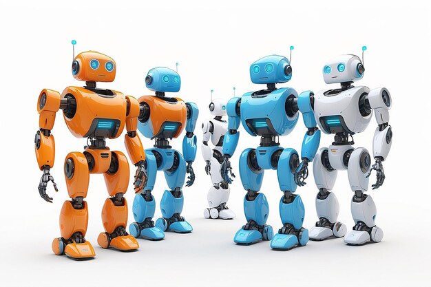 Small robots with human face and body humanoid Artificial Intelligence AI Orange and blue robots isolated on white background