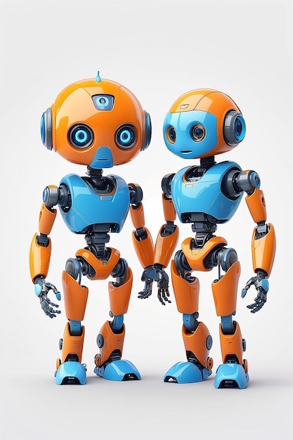 Small robots with human face and body humanoid Artificial Intelligence AI Orange and blue robots isolated on white background