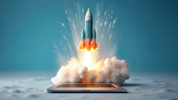 웹 사이트 비즈니스 및 재무 성공 개념을 위해 밝은 하늘색과 밝은 회색 색상의 생생한 색상 조합으로 노트북에서 작은 로켓이 이륙합니다.