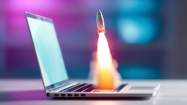 A small rocket takes off from a laptop with vibrant color combinations in light sky blue and light gray colors for a website business and financial success concepts ai generative
