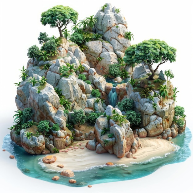 Small rocky island with palm trees and a sandy beach