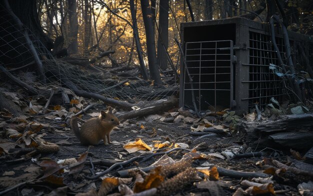 小さなネズミが野生動物救助施設の開いたケージの近くを好奇心深く見つめている