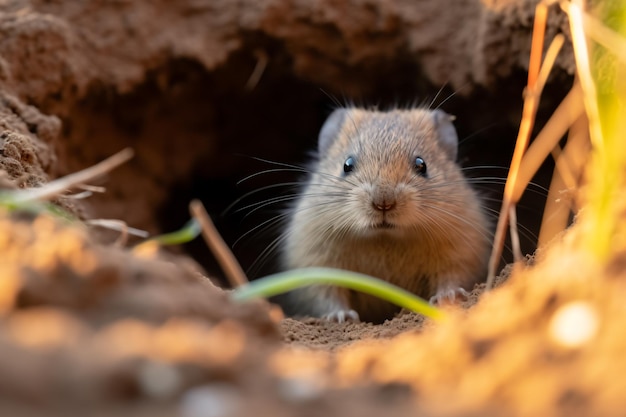 小さな齧歯動物が穴から顔を出しています