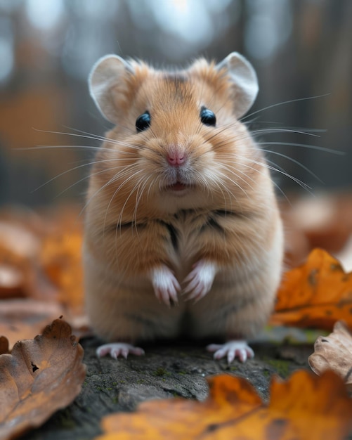 Small Rodent Sitting on Leaf Covered Ground