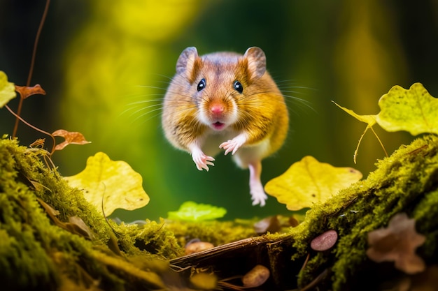 Small rodent standing on top of moss covered ground next to leaves Generative AI