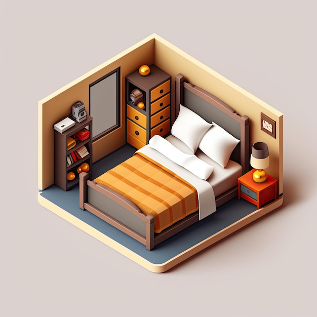 침대와 시계가 있는 선반이 있는 작은 방.