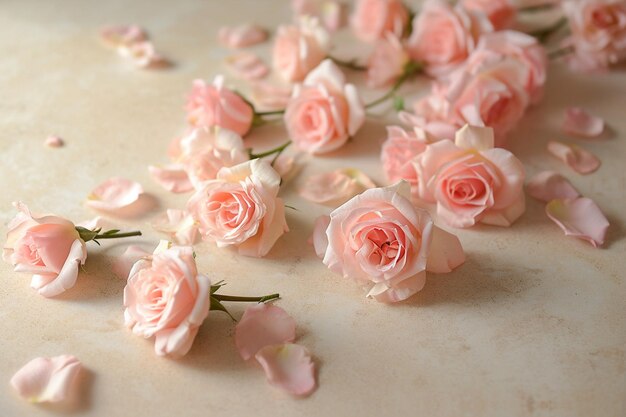 小さなバラの花がベージュのテーブルに散らばっている