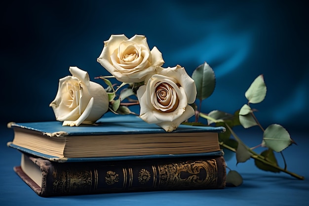 Small roses and old book on blue background