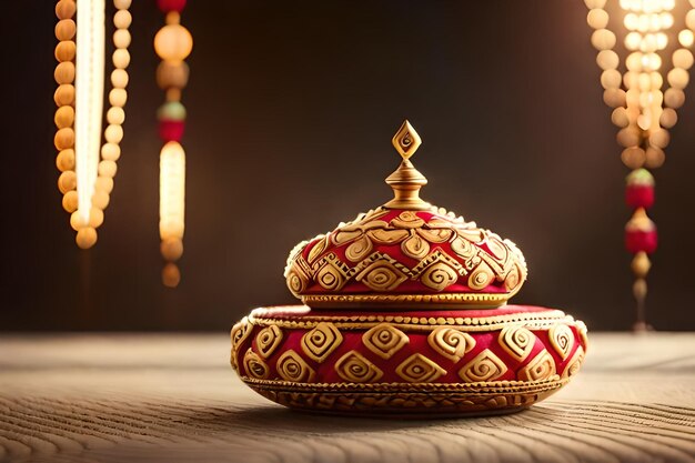 a small round container with a gold and red design on the top.