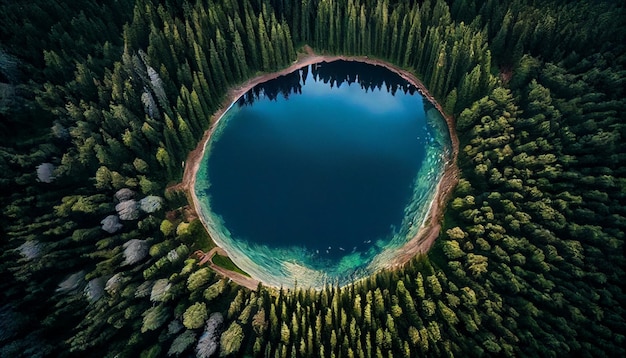 Piccolo lago rotondo nella vista dall'alto della foresta ia generativa