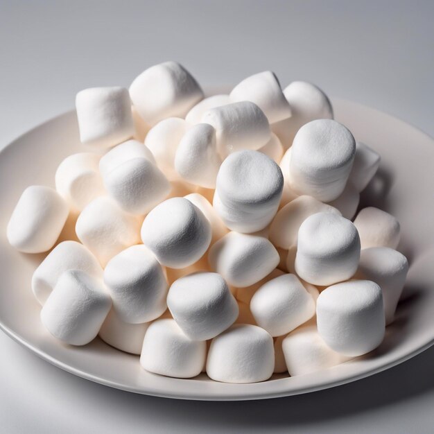 Photo small round white marshmallows on a plate on a clean studio background bright lighting beautiful