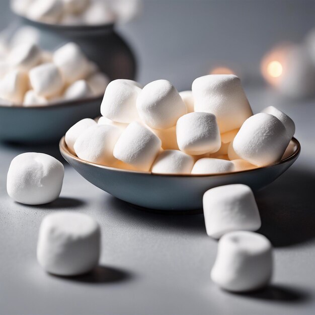 Photo small round white marshmallows on a plate on a clean studio background bright lighting beautiful