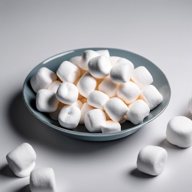 Photo small round white marshmallows on a plate on a clean studio background bright lighting beautiful