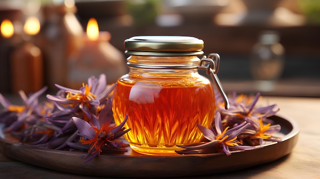 Small Saffron Oil Bottle with Saffron in Background