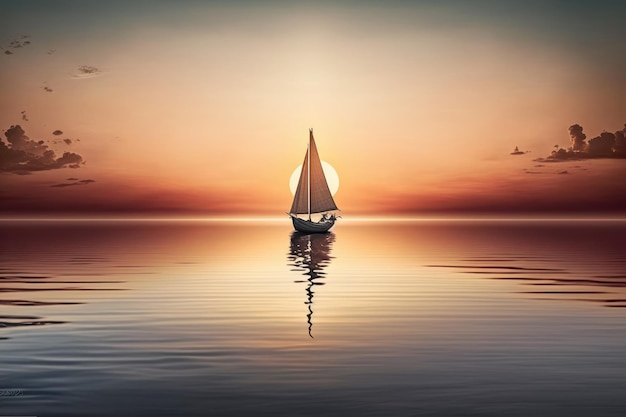 Small sailboat sailing at sunset Created with generative AI technology