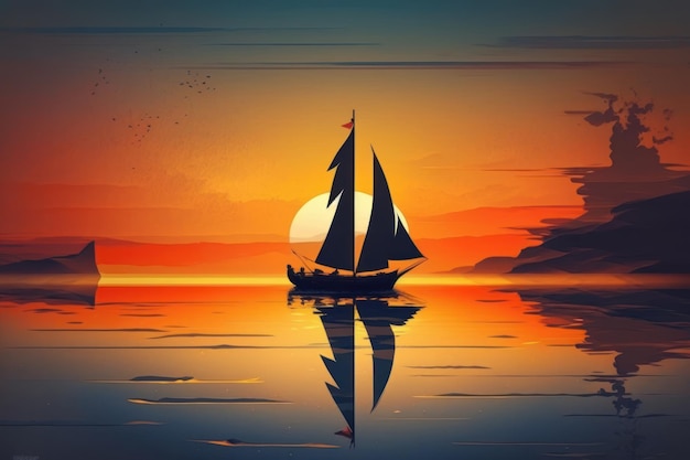 Small sailboat sailing at sunset Created with generative AI technology