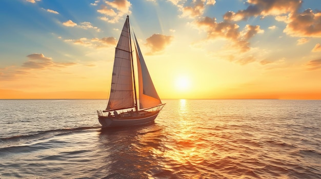 Small sailboat on the sea and golden sunset