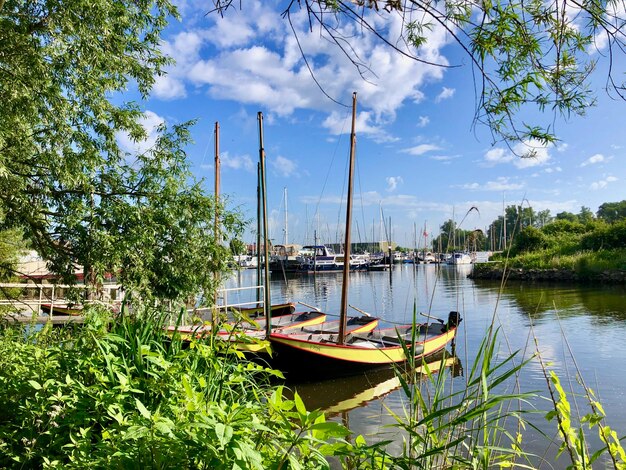 Small sailboats moored in a little harbor surrounded by trees under sky with summer-clouds