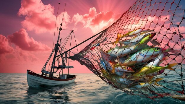 Small sailing boat on fishing net