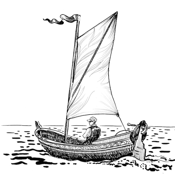 Small sailing boat in the sea. Ink black and white drawing