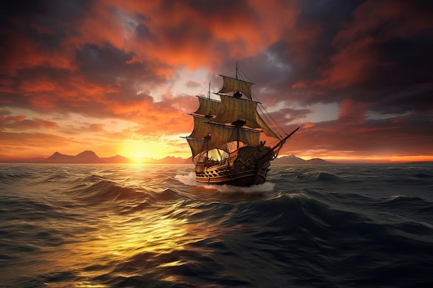 Small sailing ship in the open sea at sunset