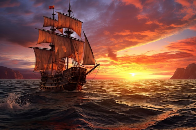 Small sailing ship in the open sea at sunset